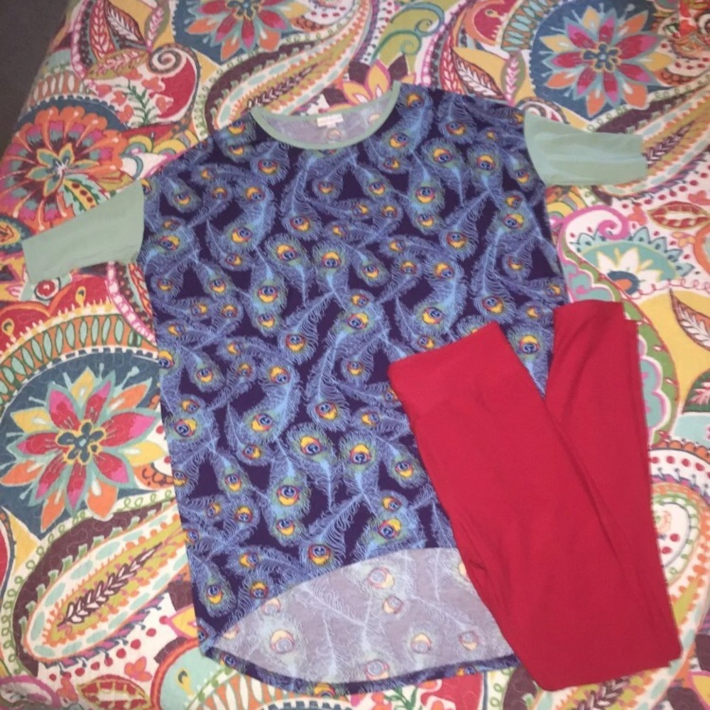 EUC LuLaRoe XXS Peacock Irma and OS Red Leggings